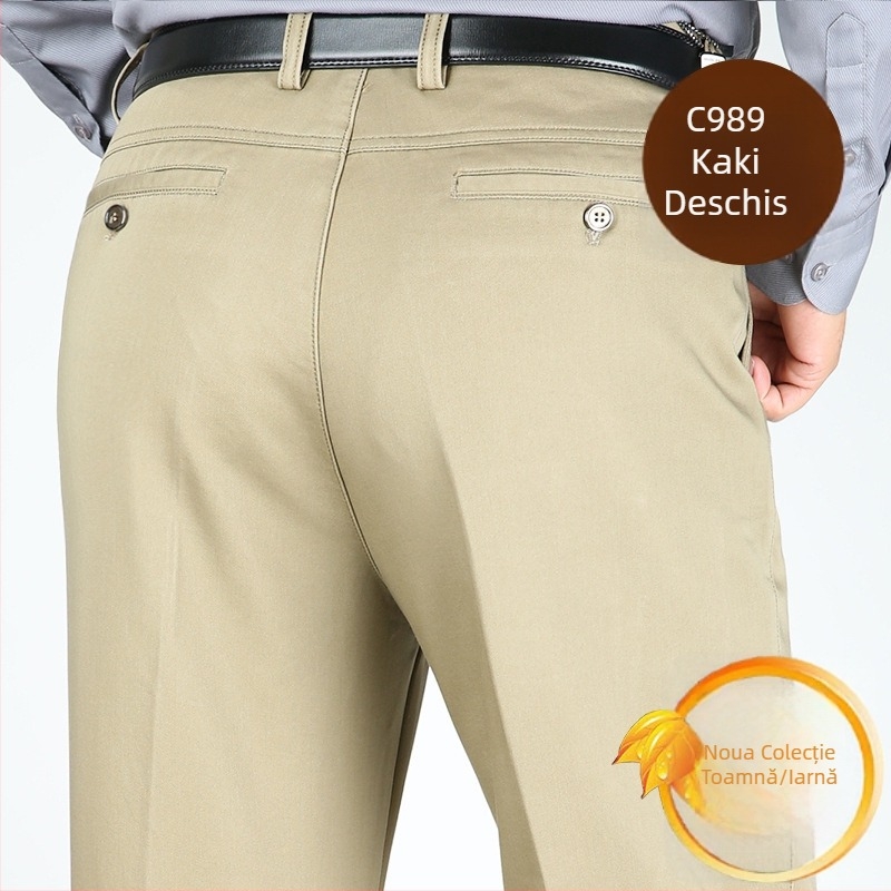 Pantaloni groși de iarnă din bumbac pentru bărbați, croială dreaptă, talie înaltă, stil business casual cu mai multe buzunare