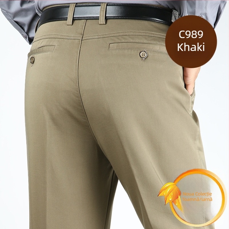 Pantaloni groși de iarnă din bumbac pentru bărbați, croială dreaptă, talie înaltă, stil business casual cu mai multe buzunare