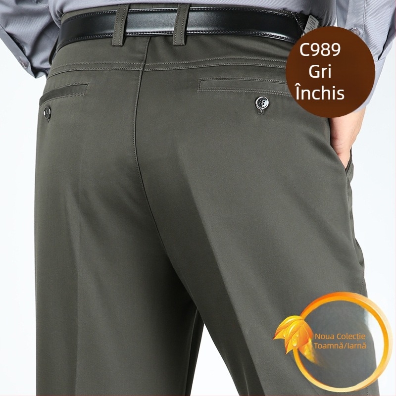 Pantaloni groși de iarnă din bumbac pentru bărbați, croială dreaptă, talie înaltă, stil business casual cu mai multe buzunare