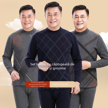 Set de lenjerie termică pentru bărbați în vârstă, țesătură polar din poliester, top cu guler înalt și pantaloni, pentru iarnă
