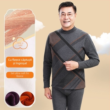 Set de lenjerie termică pentru bărbați în vârstă, țesătură polar din poliester, top cu guler înalt și pantaloni, pentru iarnă