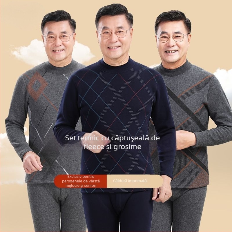 Set de lenjerie termică pentru bărbați în vârstă, țesătură polar din poliester, top cu guler înalt și pantaloni, pentru iarnă