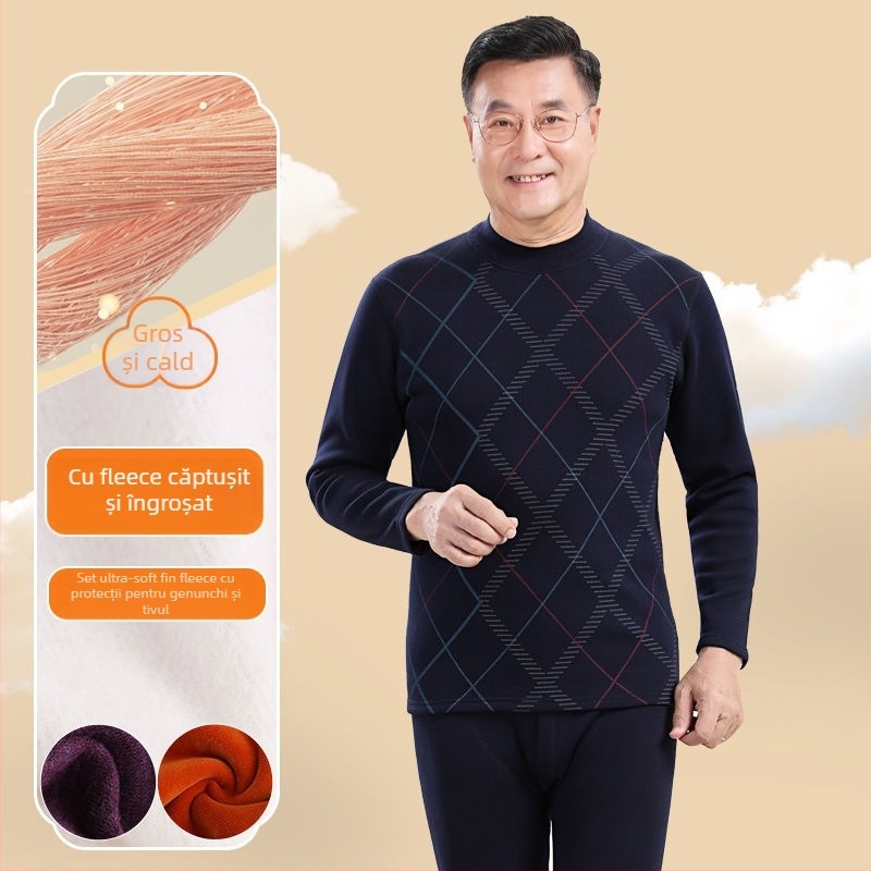 Set de lenjerie termică pentru bărbați în vârstă, țesătură polar din poliester, top cu guler înalt și pantaloni, pentru iarnă