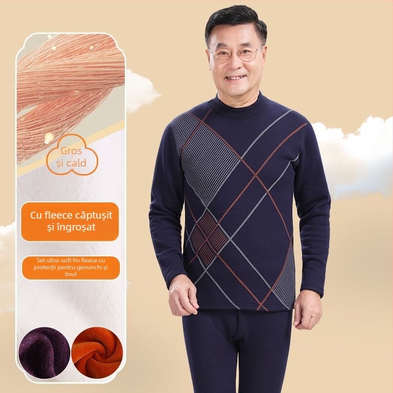 Set de lenjerie termică pentru bărbați în vârstă, țesătură polar din poliester, top cu guler înalt și pantaloni, pentru iarnă