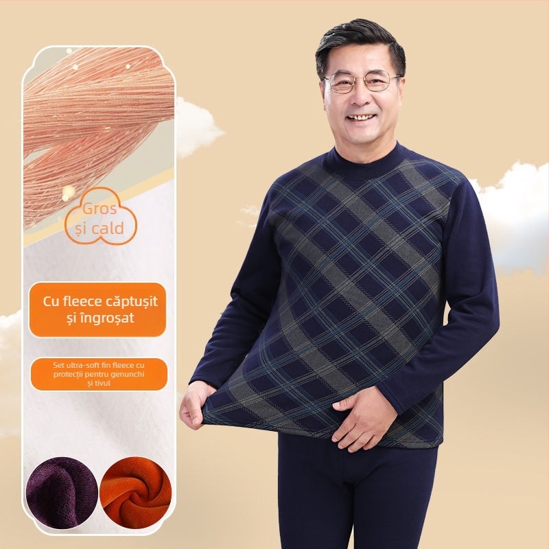 Set de lenjerie termică pentru bărbați în vârstă, țesătură polar din poliester, top cu guler înalt și pantaloni, pentru iarnă