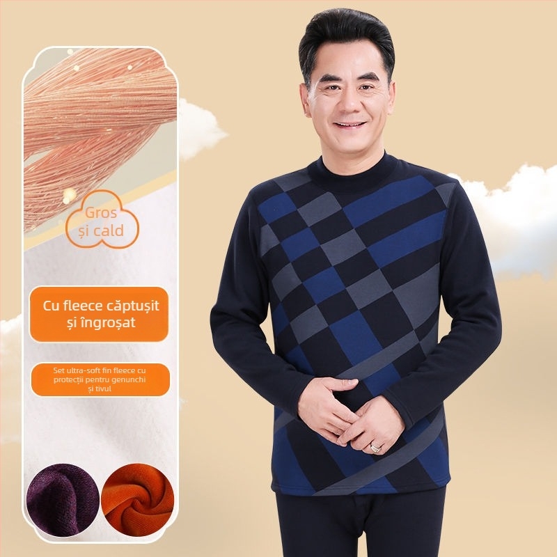 Set de lenjerie termică pentru bărbați în vârstă, țesătură polar din poliester, top cu guler înalt și pantaloni, pentru iarnă