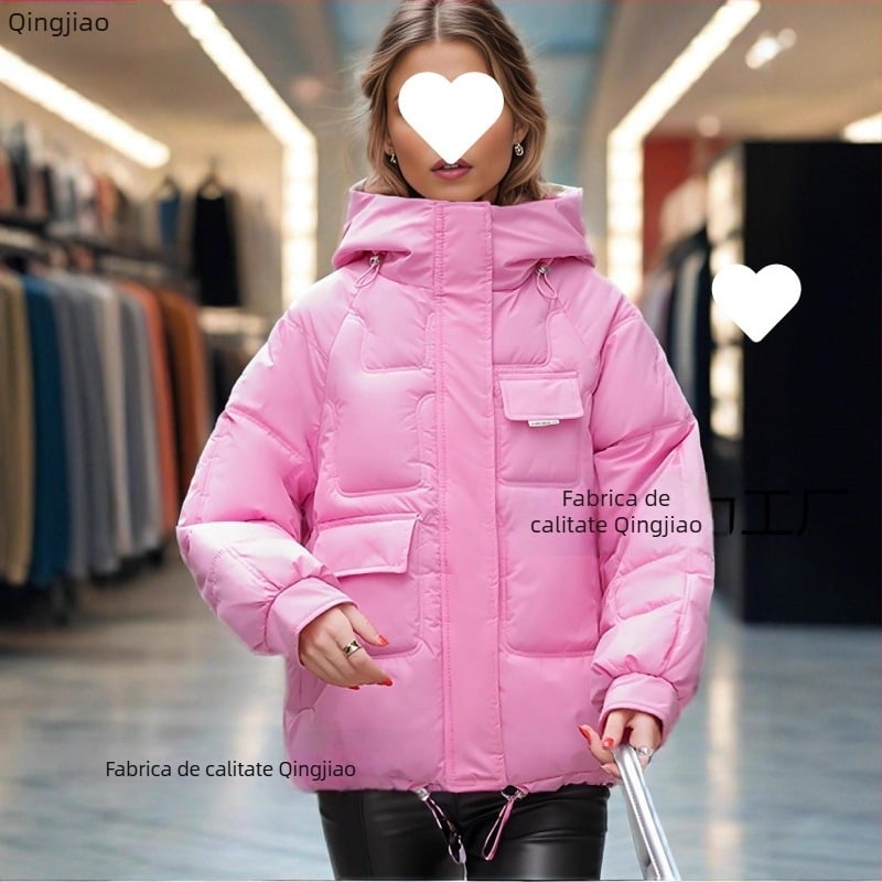 Jachetă damă cu glugă, umplutură puf-bumbac, groasă, buzunare, fermoar