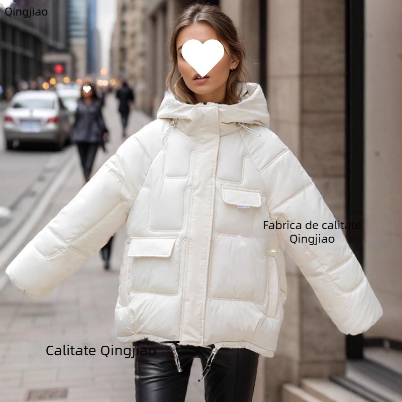 Jachetă damă cu glugă, umplutură puf-bumbac, groasă, buzunare, fermoar