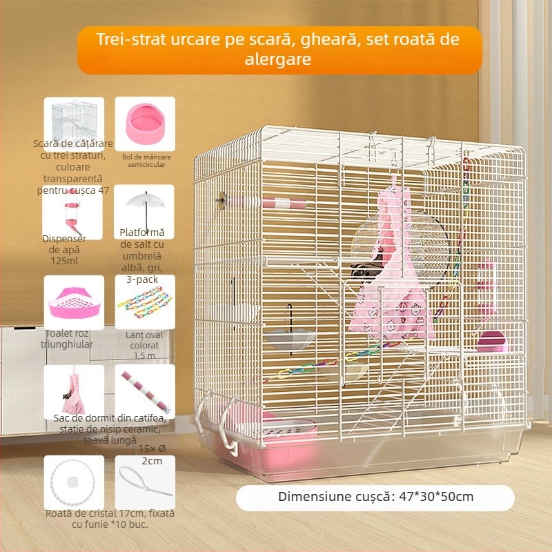 Weibi cușcă cu trei niveluri pentru hamsteri, cu scară și ușă mare