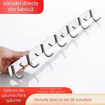 Cuier adeziv din oțel inoxidabil – pentru bucătărie și baie, montare pe perete, fără găuri, 3+ cârlige, capacitate peste 30 kg, stil chinez nou