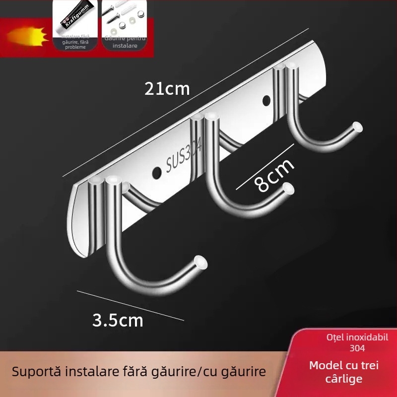 Cuier adeziv din oțel inoxidabil – pentru bucătărie și baie, montare pe perete, fără găuri, 3+ cârlige, capacitate peste 30 kg, stil chinez nou