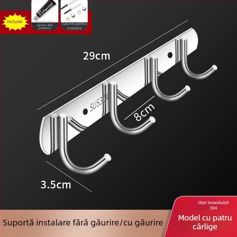 Cuier adeziv din oțel inoxidabil – pentru bucătărie și baie, montare pe perete, fără găuri, 3+ cârlige, capacitate peste 30 kg, stil chinez nou
