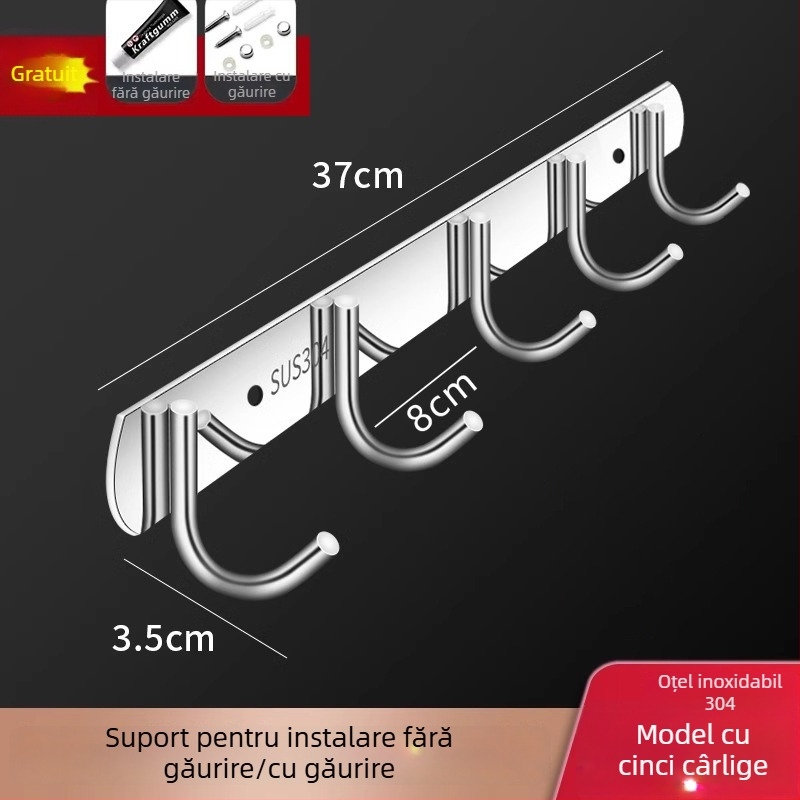 Cuier adeziv din oțel inoxidabil – pentru bucătărie și baie, montare pe perete, fără găuri, 3+ cârlige, capacitate peste 30 kg, stil chinez nou