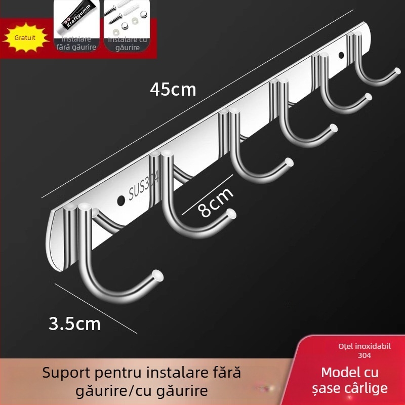 Cuier adeziv din oțel inoxidabil – pentru bucătărie și baie, montare pe perete, fără găuri, 3+ cârlige, capacitate peste 30 kg, stil chinez nou