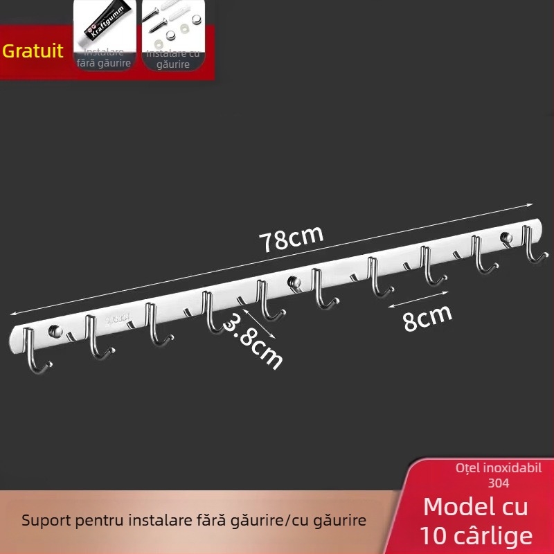 Cuier adeziv din oțel inoxidabil – pentru bucătărie și baie, montare pe perete, fără găuri, 3+ cârlige, capacitate peste 30 kg, stil chinez nou