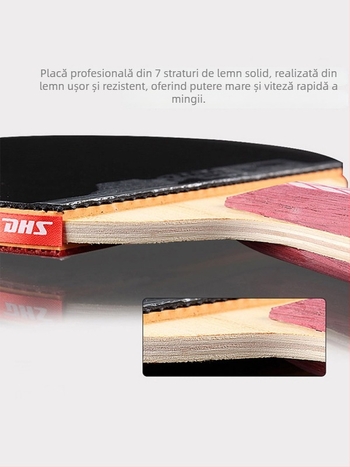 Raquetă pentru tenis de masă DHS Red Double Happiness, 6 stele, tip R, universal profesional, gumă reverse-glue, lamă Basswood, lovire dreaptă.