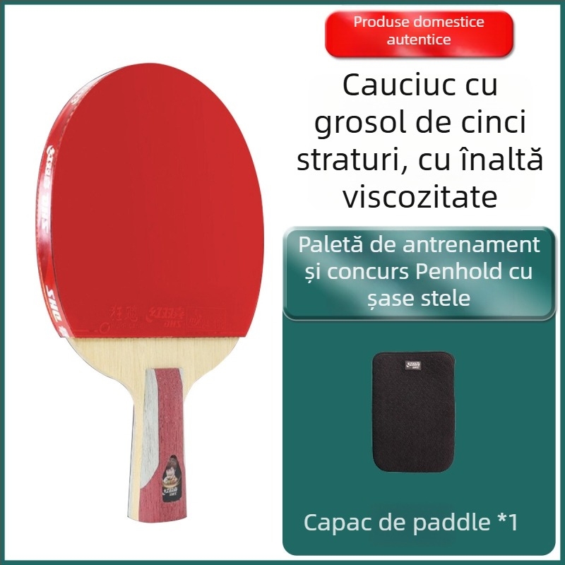 Raquetă pentru tenis de masă DHS Red Double Happiness, 6 stele, tip R, universal profesional, gumă reverse-glue, lamă Basswood, lovire dreaptă.