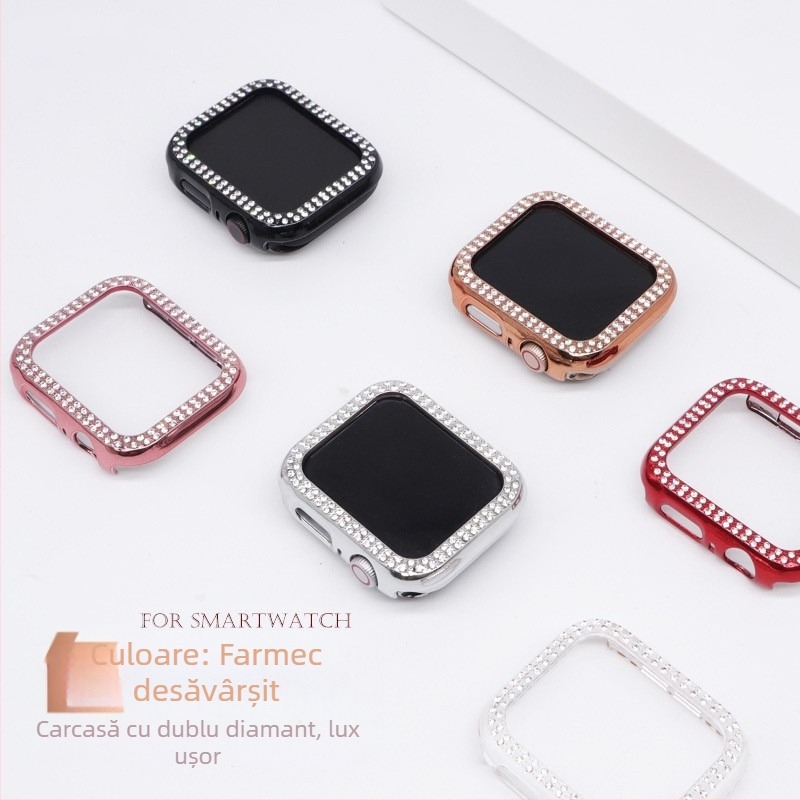 Carcasa de protecție Apple Watch S10 serie, cu folie de ecran temperată, decor cu diamante, material PC, protecție 360°