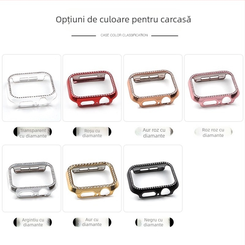 Carcasa de protecție Apple Watch S10 serie, cu folie de ecran temperată, decor cu diamante, material PC, protecție 360°