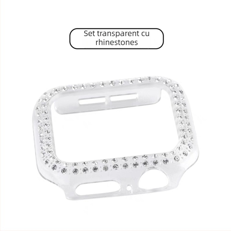 Carcasa de protecție Apple Watch S10 serie, cu folie de ecran temperată, decor cu diamante, material PC, protecție 360°
