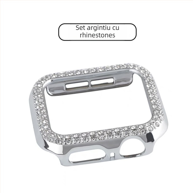 Carcasa de protecție Apple Watch S10 serie, cu folie de ecran temperată, decor cu diamante, material PC, protecție 360°