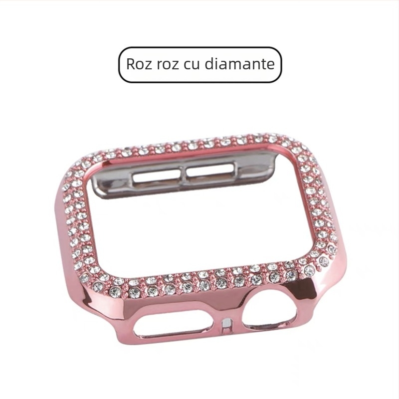 Carcasa de protecție Apple Watch S10 serie, cu folie de ecran temperată, decor cu diamante, material PC, protecție 360°
