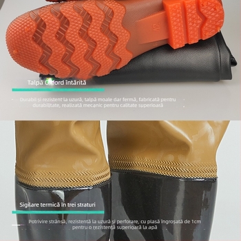 Pantaloni de pescuit cu talie până la talie din PVC, cu 1 buzunar și cizme de ploaie integrate, țesătură tricotată rezistentă, grosime 0,55–0,85 mm
