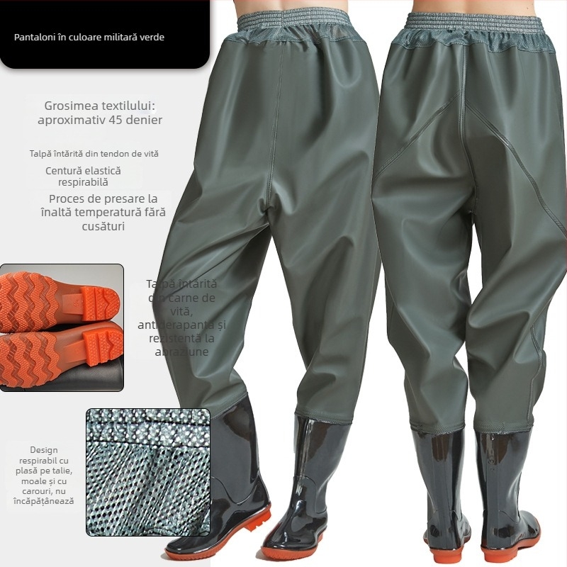 Pantaloni de pescuit cu talie până la talie din PVC, cu 1 buzunar și cizme de ploaie integrate, țesătură tricotată rezistentă, grosime 0,55–0,85 mm