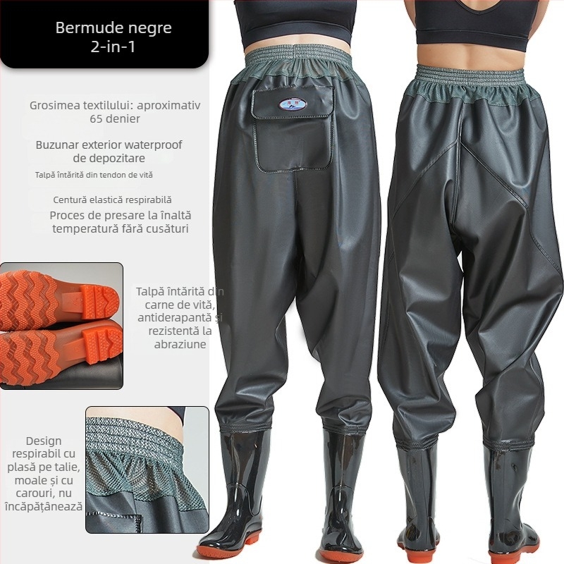 Pantaloni de pescuit cu talie până la talie din PVC, cu 1 buzunar și cizme de ploaie integrate, țesătură tricotată rezistentă, grosime 0,55–0,85 mm