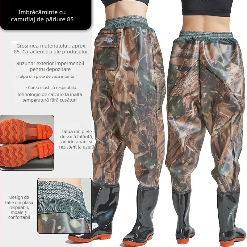 Pantaloni de pescuit cu talie până la talie din PVC, cu 1 buzunar și cizme de ploaie integrate, țesătură tricotată rezistentă, grosime 0,55–0,85 mm