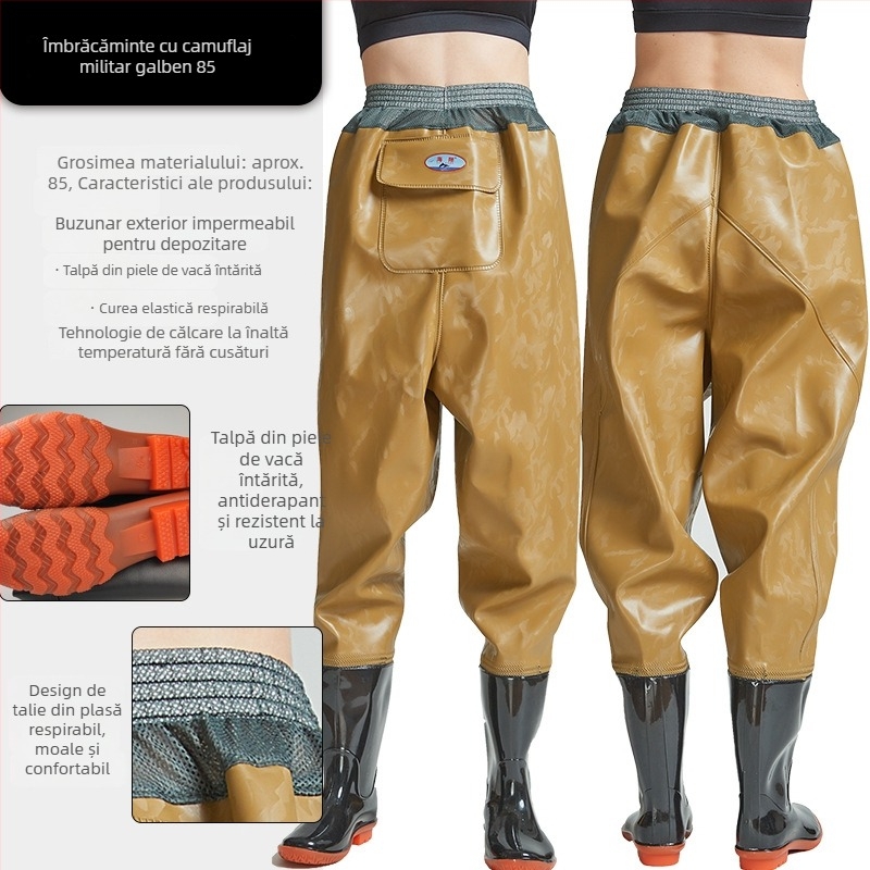 Pantaloni de pescuit cu talie până la talie din PVC, cu 1 buzunar și cizme de ploaie integrate, țesătură tricotată rezistentă, grosime 0,55–0,85 mm