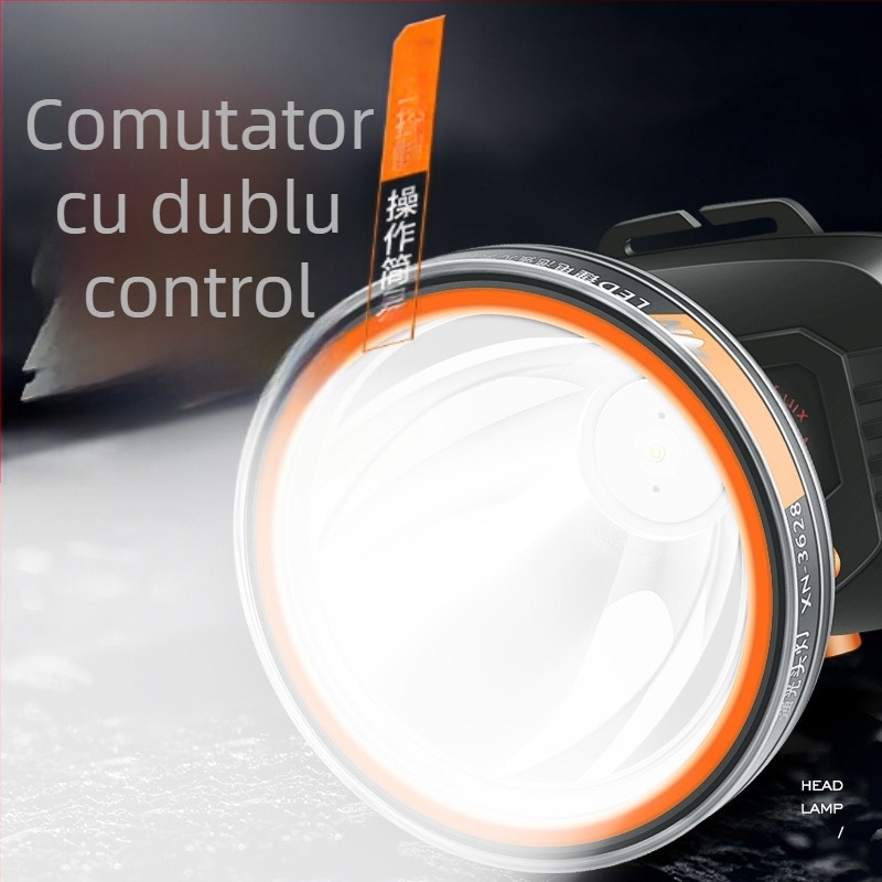 Frontala LED reîncărcabilă, baterie 2000mAh, putere 1W/3W/5W, acționare manuală, purtată pe cap pentru pescuit și activități în aer liber, încărcător inclus, rază până la 500 m