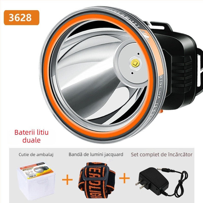 Frontala LED reîncărcabilă, baterie 2000mAh, putere 1W/3W/5W, acționare manuală, purtată pe cap pentru pescuit și activități în aer liber, încărcător inclus, rază până la 500 m