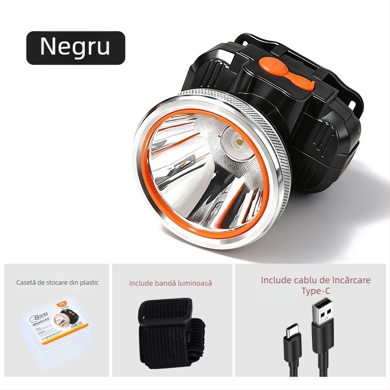 Frontala LED reîncărcabilă, baterie 2000mAh, putere 1W/3W/5W, acționare manuală, purtată pe cap pentru pescuit și activități în aer liber, încărcător inclus, rază până la 500 m