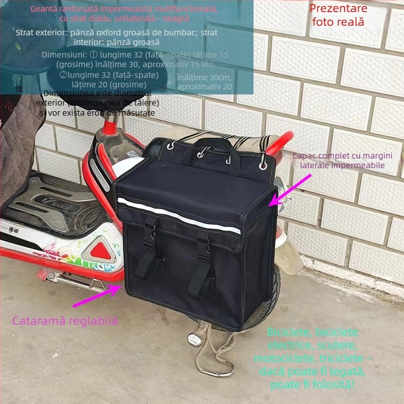Geantă laterală din pânză neagră, multifuncțională pentru motociclete și biciclete electrice, stil pannier, compartiment pentru unelte pe scaunul din spate