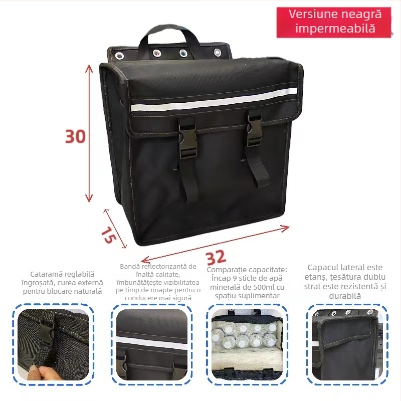 Geantă laterală din pânză neagră, multifuncțională pentru motociclete și biciclete electrice, stil pannier, compartiment pentru unelte pe scaunul din spate