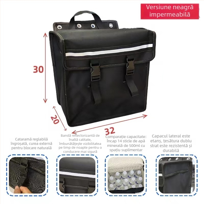 Geantă laterală din pânză neagră, multifuncțională pentru motociclete și biciclete electrice, stil pannier, compartiment pentru unelte pe scaunul din spate