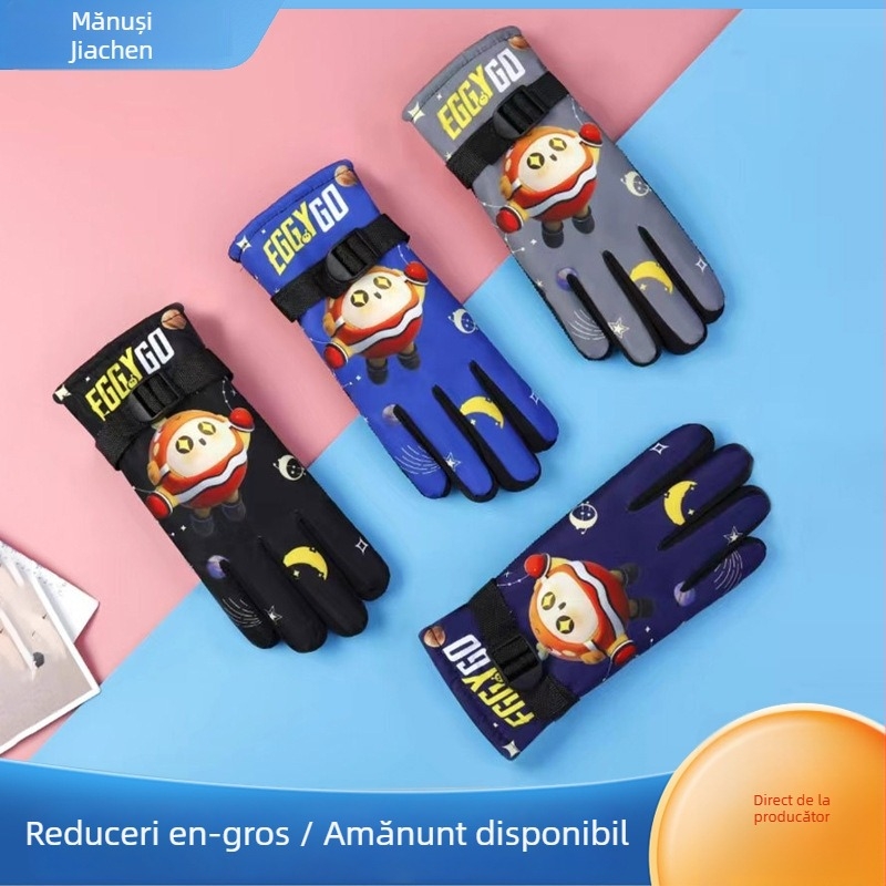 Mănuși de schi pentru copii, căptușite cu fleece, impermeabile și rezistente la vânt, din nylon, model cu personaje de desene animate