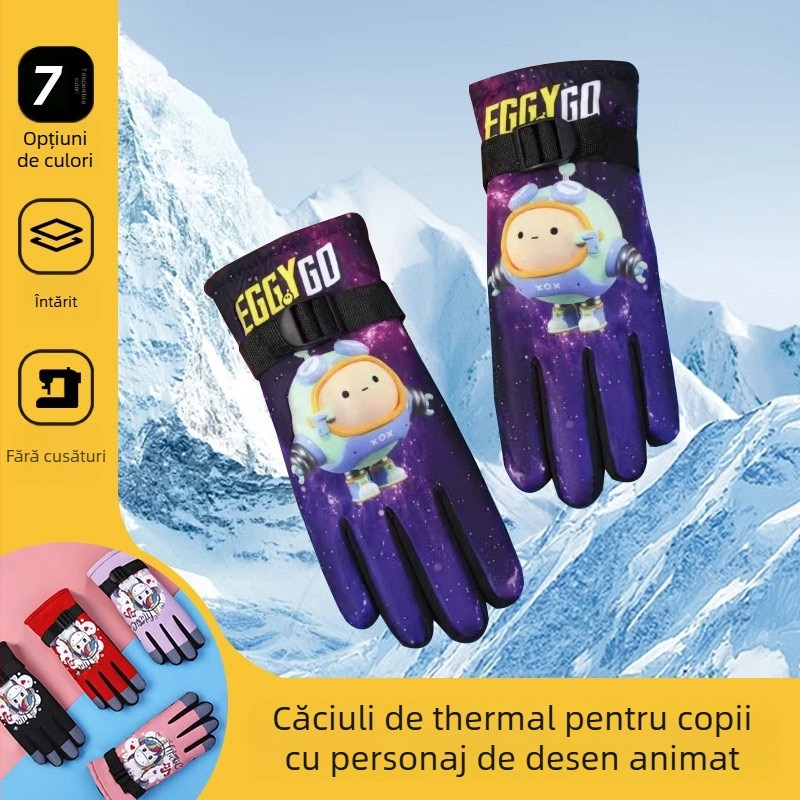 Mănuși de schi pentru copii, căptușite cu fleece, impermeabile și rezistente la vânt, din nylon, model cu personaje de desene animate
