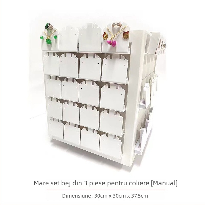 Suport rotativ din lemn pentru bijuterii, cu patru etaje, design 3D, pentru cercei, coliere și inele