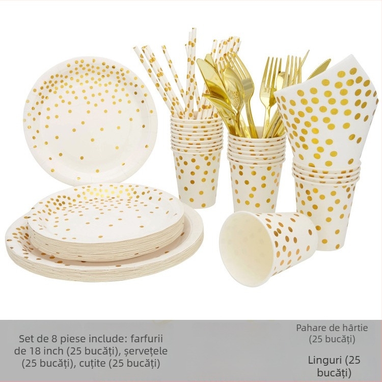 Set de vesă de unică folosință din hârtie – farfurii rotunde, pahare, cuțite, furculițe și linguri pentru restaurante și hoteluri (hârtie, degradabil)