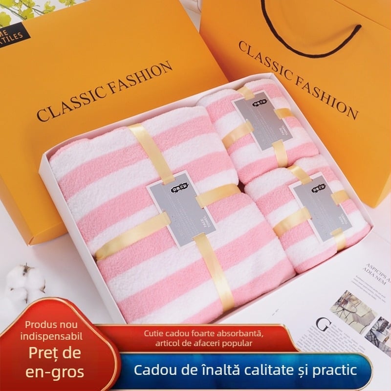 Set de trei prosoape de baie din fleece coral, în cutie cadou, suvenir de nuntă