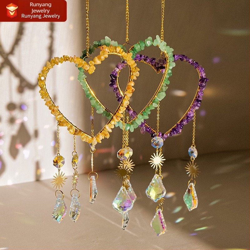 Pandantiv din cristal în formă de inimă, pentru captare a luminii solare și clopoțel de vânt, cu mărgele octagonale, stil modern și simplu