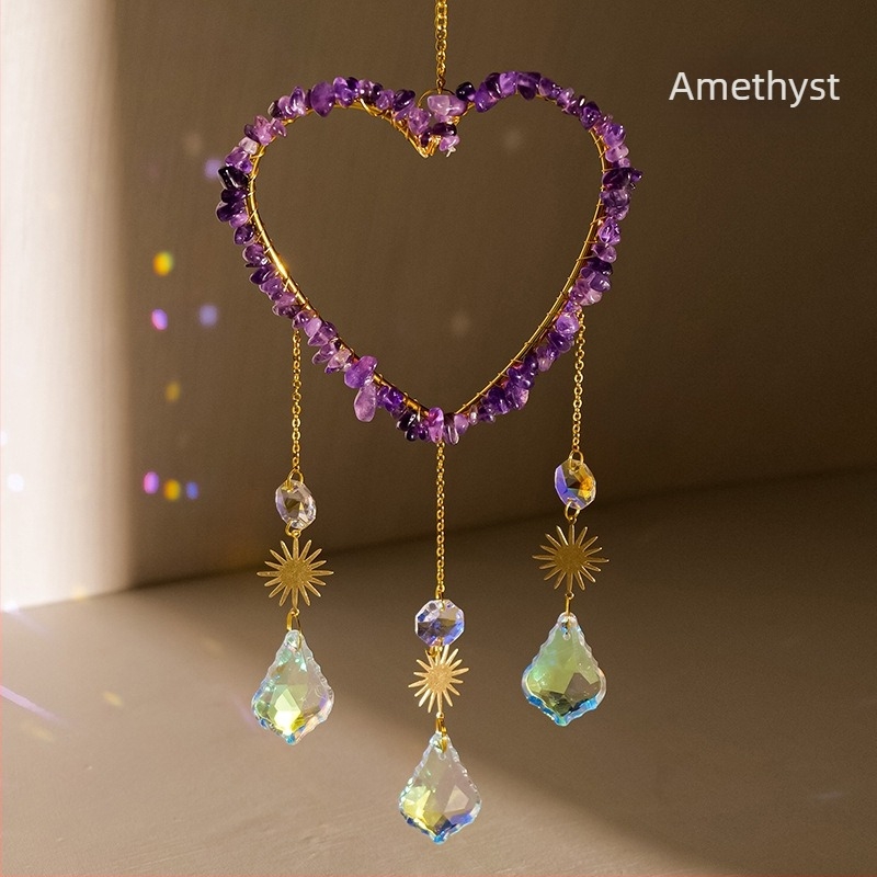 Pandantiv din cristal în formă de inimă, pentru captare a luminii solare și clopoțel de vânt, cu mărgele octagonale, stil modern și simplu