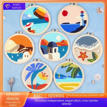 Kit de broderie din in – peisaj, stil mediteranean, tip de broderie: altă, cusătură în cruce