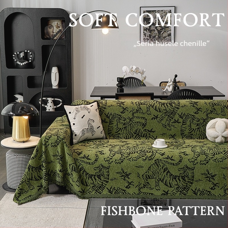 Husa de canapea din Chenille pentru canapea de trei locuri, stil retro, imprimeu leopard, modele abstracte și animale drăguțe