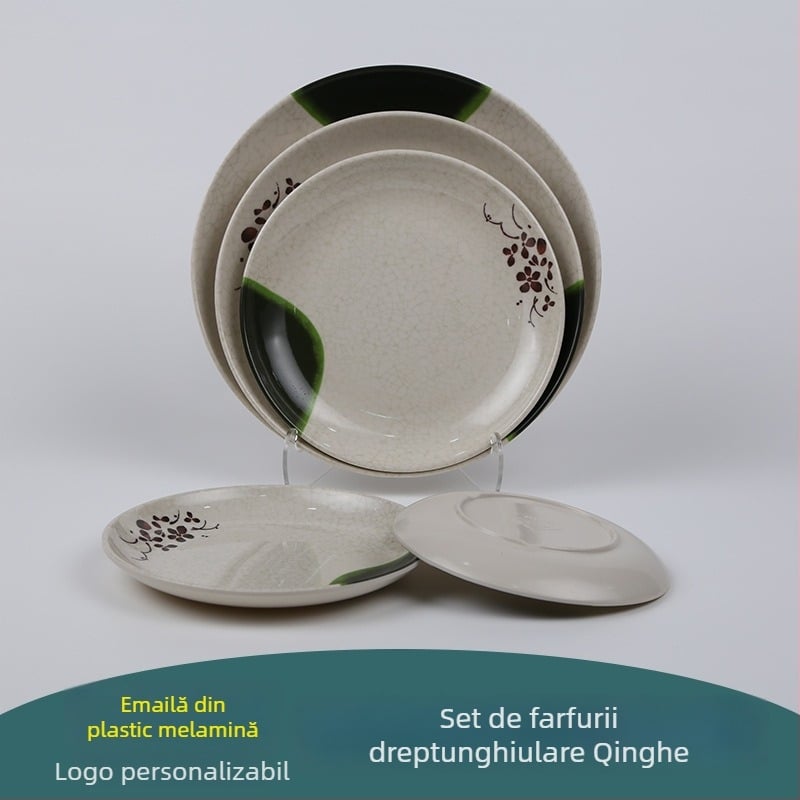 Farfurie circulară din melamină, suprafață glazurată, stil modern minimalist, imprimare logo disponibilă, opțiuni de personalizare