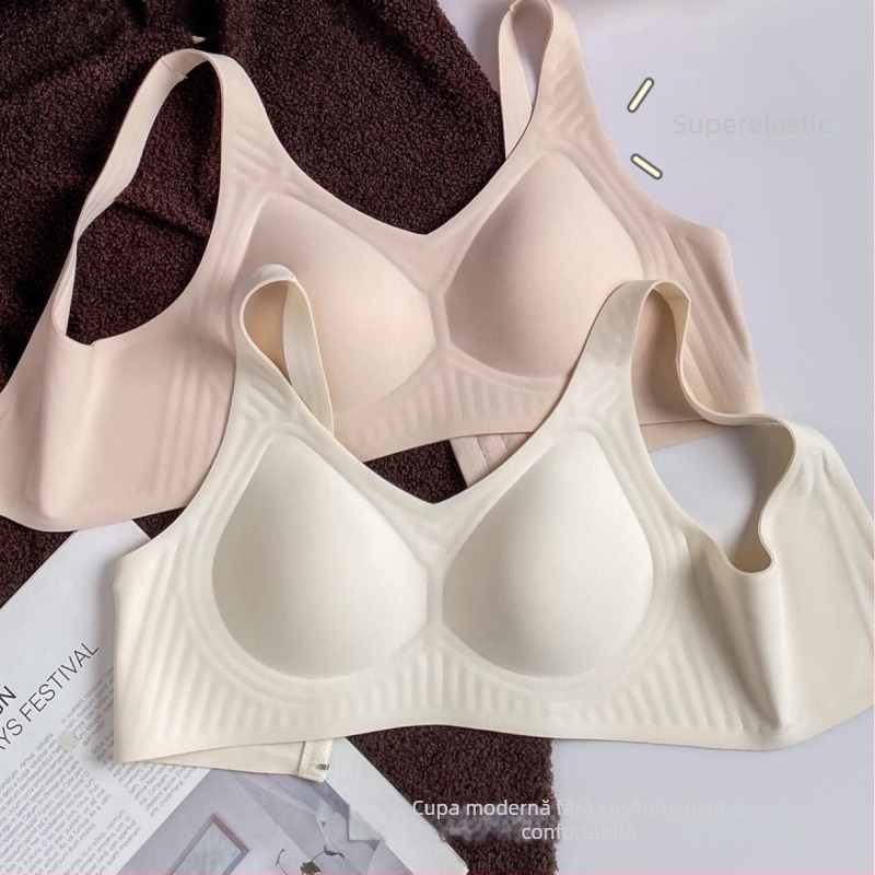 Sutien cu suport moale, fără sârmă, cupă 3/4 din latex, material principal nylon, căptușeală spandex 50–70%, bretele fixe duble, închidere în spate cu patru rânduri