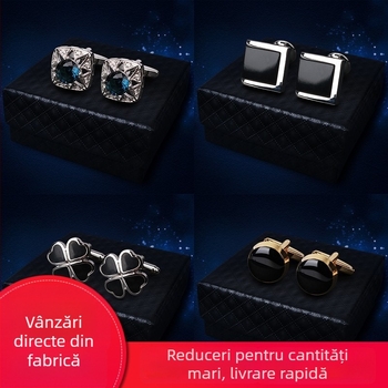 Butoni pentru mâneci franțuzești, geometrice, în cutie cadou, din aliaj placat, cristal alb