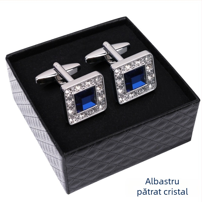 Butoni pentru mâneci franțuzești, geometrice, în cutie cadou, din aliaj placat, cristal alb